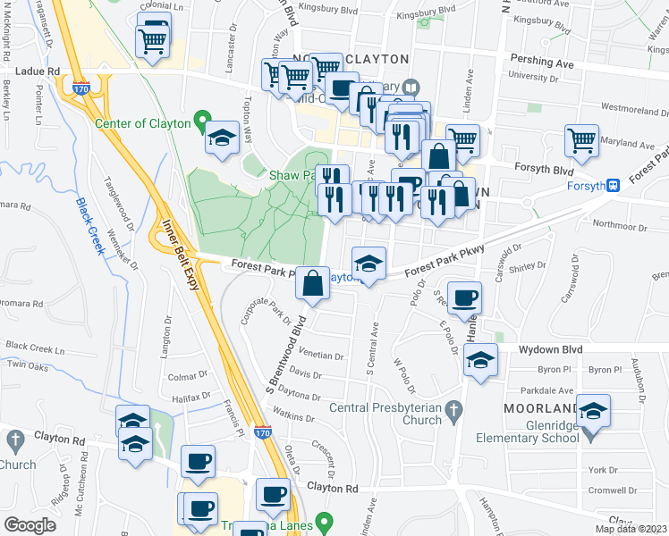 map of restaurants, bars, coffee shops, grocery stores, and more near 250 South Brentwood Boulevard in Clayton
