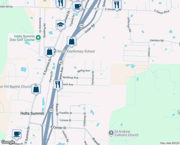 map of restaurants, bars, coffee shops, grocery stores, and more near Harwood Street in Holts Summit