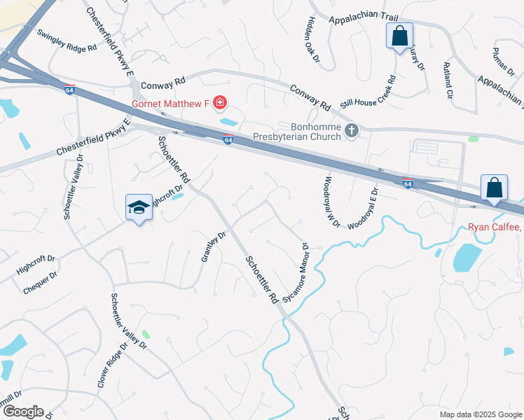 map of restaurants, bars, coffee shops, grocery stores, and more near 14865 Grantley Drive in Chesterfield