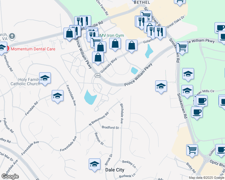 map of restaurants, bars, coffee shops, grocery stores, and more near 14109 Carmody Place in Woodbridge
