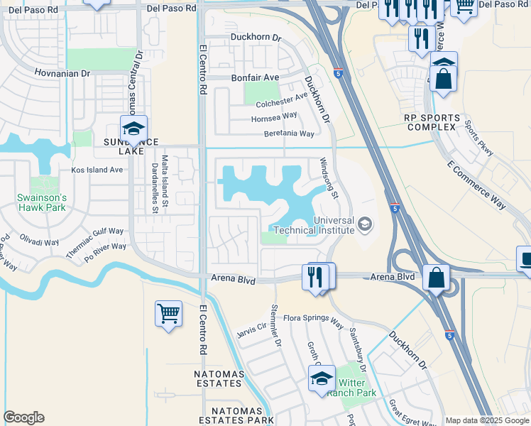 map of restaurants, bars, coffee shops, grocery stores, and more near 4707 Windsong Street in Sacramento