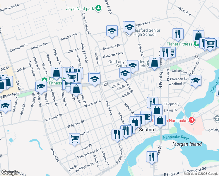 map of restaurants, bars, coffee shops, grocery stores, and more near 516 North Pine Street in Seaford