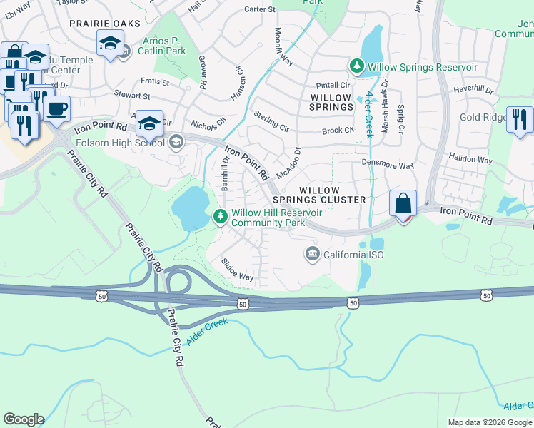 map of restaurants, bars, coffee shops, grocery stores, and more near 893 Willow Bridge Drive in Folsom