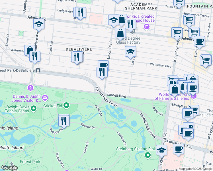 map of restaurants, bars, coffee shops, grocery stores, and more near 54 Westmoreland Place in St. Louis
