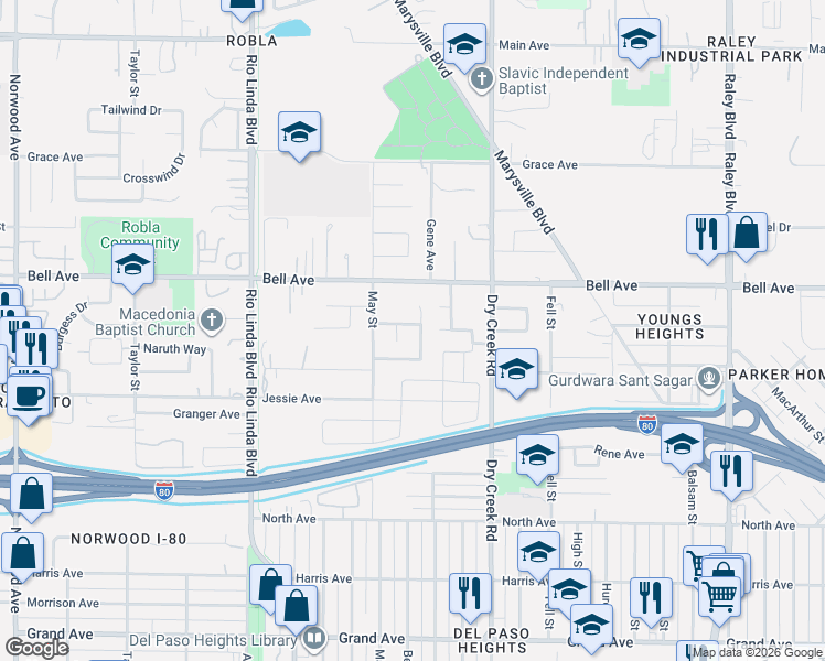 map of restaurants, bars, coffee shops, grocery stores, and more near 1028 Moreno Way in Sacramento