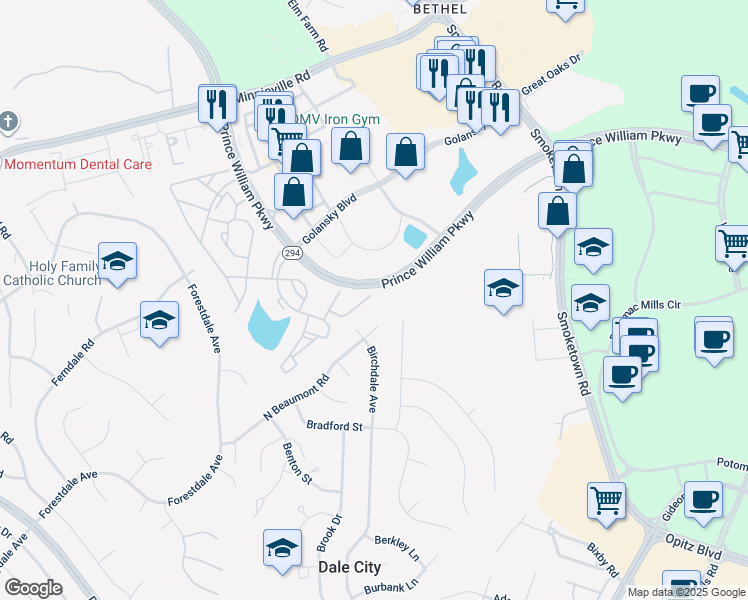 map of restaurants, bars, coffee shops, grocery stores, and more near 3237 Gina Place in Woodbridge