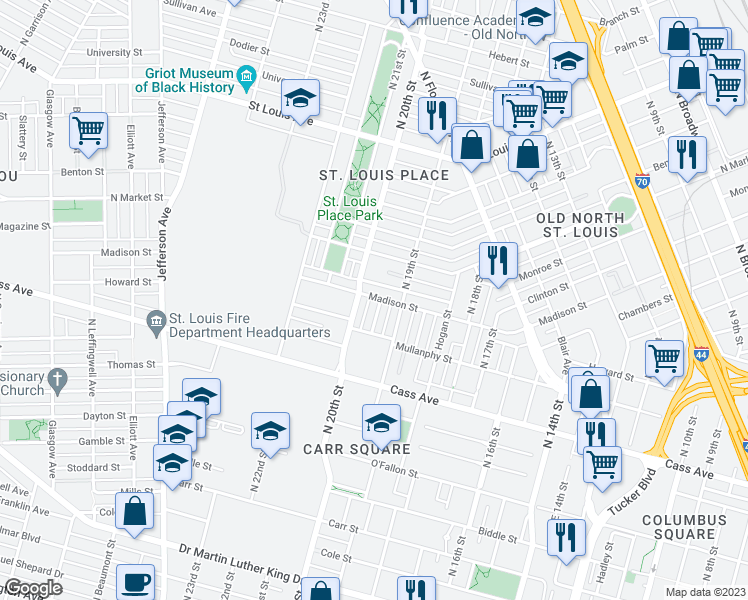 map of restaurants, bars, coffee shops, grocery stores, and more near 1639 Knapp Street in St. Louis