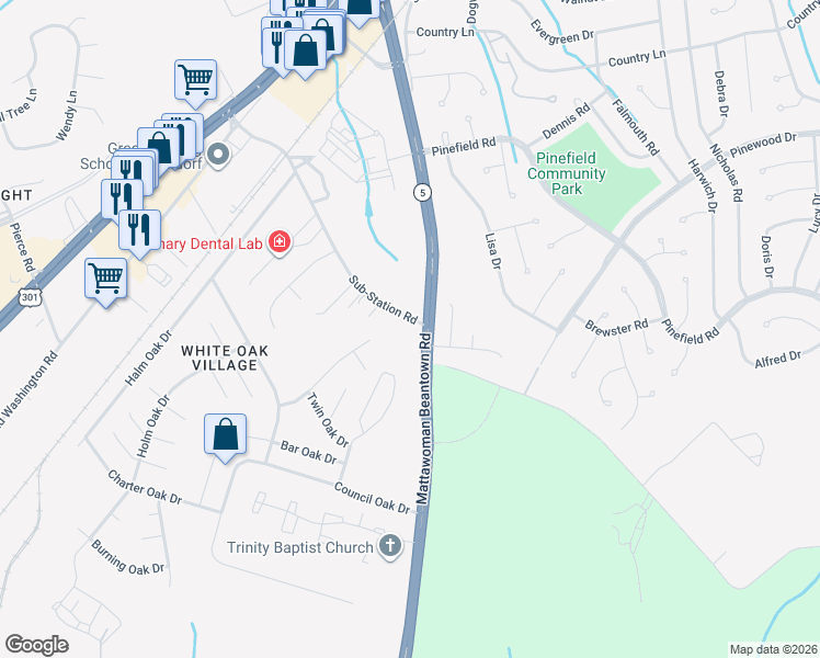 map of restaurants, bars, coffee shops, grocery stores, and more near 12605 Sub-Station Road in Waldorf