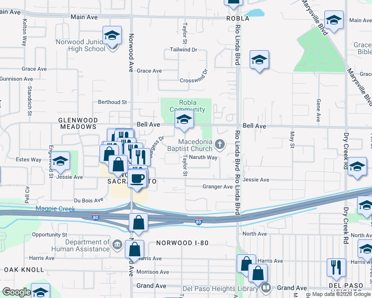 map of restaurants, bars, coffee shops, grocery stores, and more near 4300 Taylor Street in Sacramento