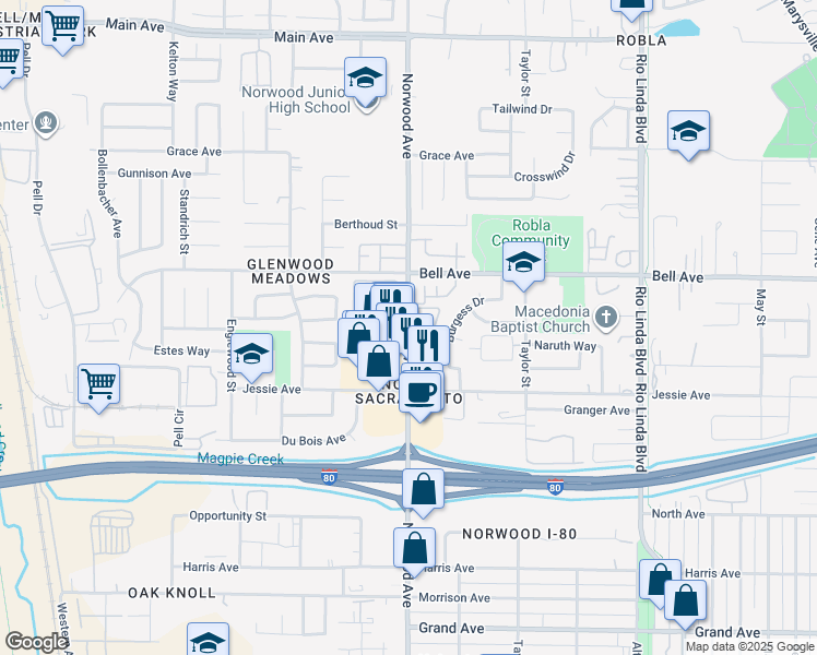 map of restaurants, bars, coffee shops, grocery stores, and more near 4318 Norwood Avenue in Sacramento