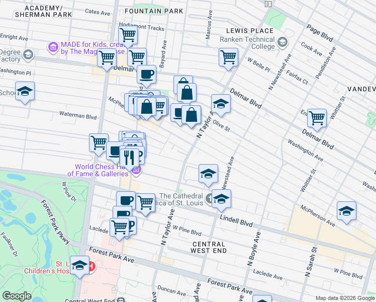 map of restaurants, bars, coffee shops, grocery stores, and more near 377 North Taylor Avenue in St. Louis