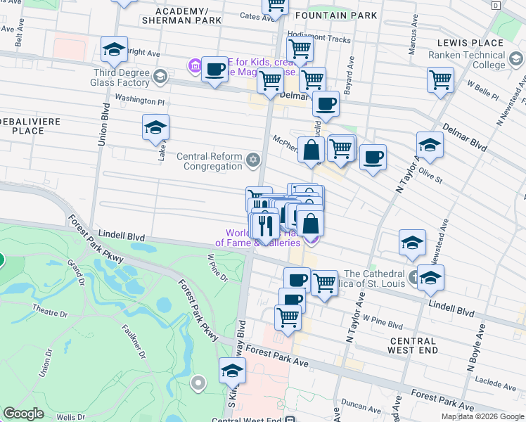 map of restaurants, bars, coffee shops, grocery stores, and more near in St. Louis