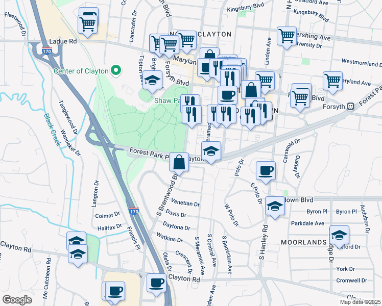 map of restaurants, bars, coffee shops, grocery stores, and more near 250 South Brentwood Boulevard in Clayton