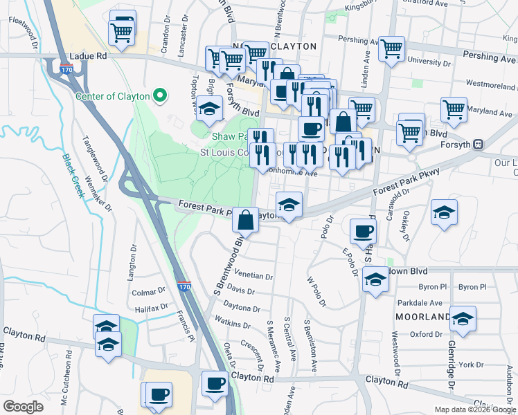 map of restaurants, bars, coffee shops, grocery stores, and more near 250 South Brentwood Boulevard in Clayton