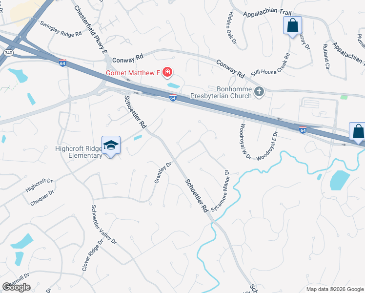 map of restaurants, bars, coffee shops, grocery stores, and more near 14865 Grantley Drive in Chesterfield