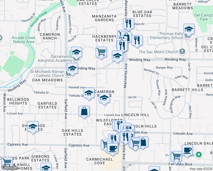 map of restaurants, bars, coffee shops, grocery stores, and more near 5731 Haskell Avenue in Carmichael