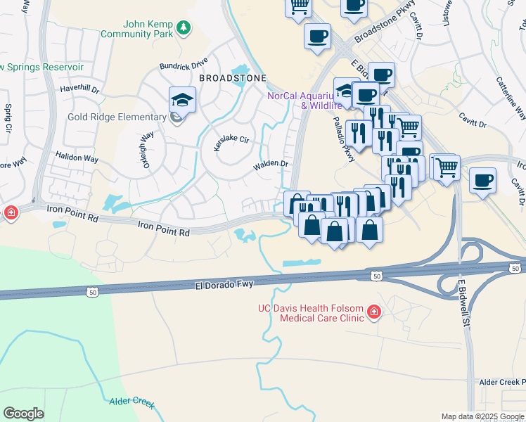 map of restaurants, bars, coffee shops, grocery stores, and more near 2300 Iron Point Road in Folsom