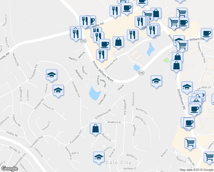 map of restaurants, bars, coffee shops, grocery stores, and more near 3350 Nadia Loop in Woodbridge
