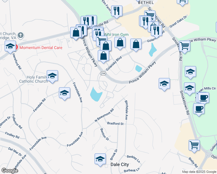 map of restaurants, bars, coffee shops, grocery stores, and more near 3350 Nadia Loop in Woodbridge