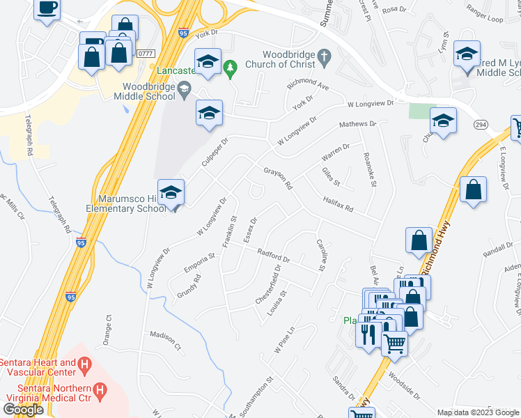 map of restaurants, bars, coffee shops, grocery stores, and more near 14118 Essex Drive in Woodbridge