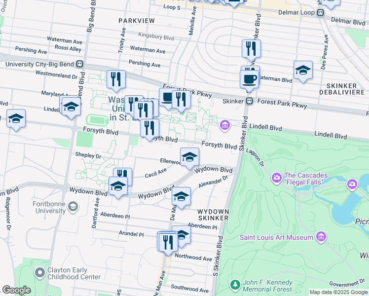 map of restaurants, bars, coffee shops, grocery stores, and more near 6364 Forsyth Boulevard in Clayton