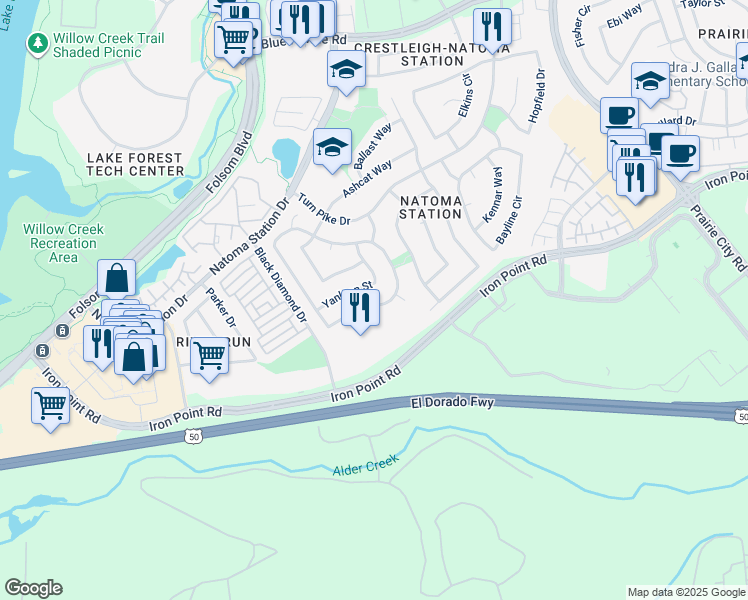 map of restaurants, bars, coffee shops, grocery stores, and more near 197 Orange Blossom Circle in Folsom