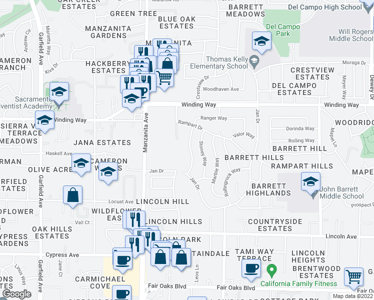 map of restaurants, bars, coffee shops, grocery stores, and more near 5933 Ranger Way in Carmichael