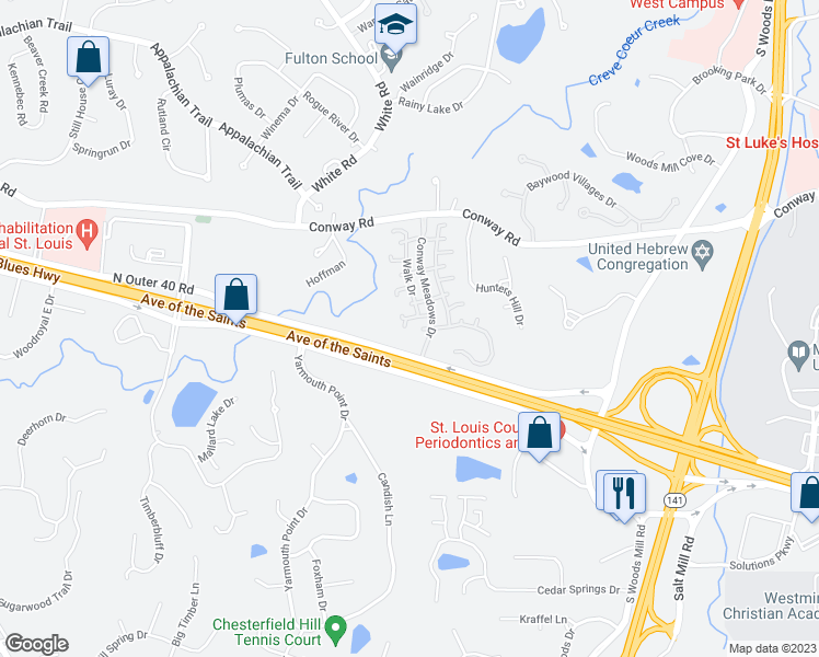 map of restaurants, bars, coffee shops, grocery stores, and more near 14421 Conway Meadows Court West in Chesterfield