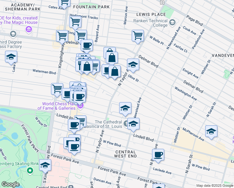 map of restaurants, bars, coffee shops, grocery stores, and more near 4949 West Pine Boulevard in St. Louis