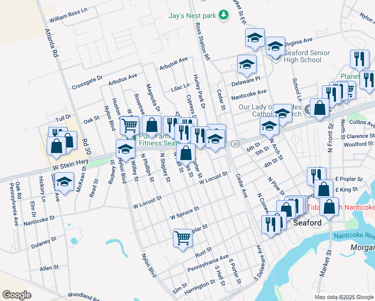 map of restaurants, bars, coffee shops, grocery stores, and more near 699 N Porter St in Seaford