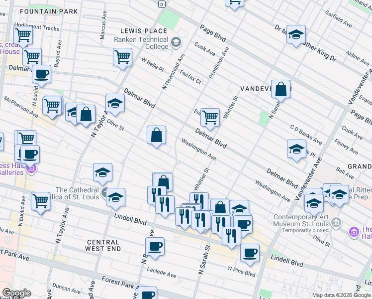 map of restaurants, bars, coffee shops, grocery stores, and more near 4256 Washington Boulevard in St. Louis