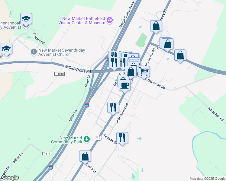 map of restaurants, bars, coffee shops, grocery stores, and more near 9498 Cadet Road in New Market