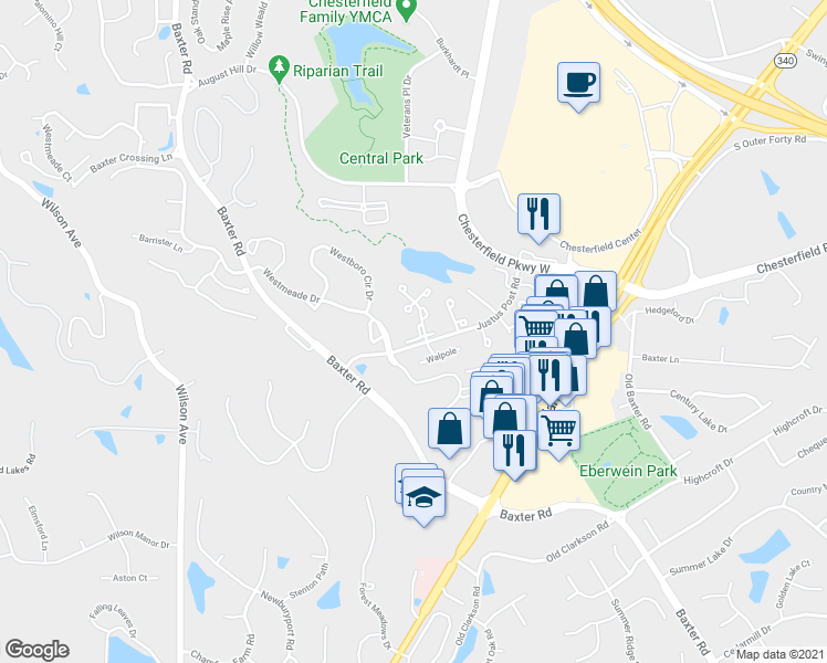 map of restaurants, bars, coffee shops, grocery stores, and more near 1577 Walpole Drive in Chesterfield
