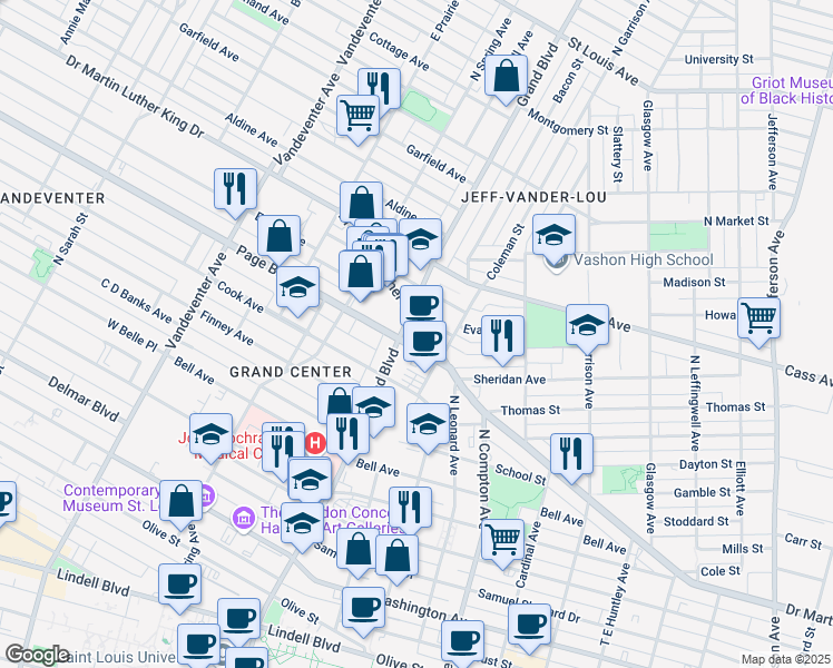 map of restaurants, bars, coffee shops, grocery stores, and more near 1300 North Grand Boulevard in St. Louis