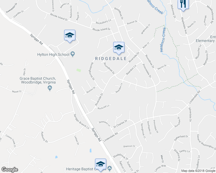 map of restaurants, bars, coffee shops, grocery stores, and more near 5817 Riverside Drive in Woodbridge