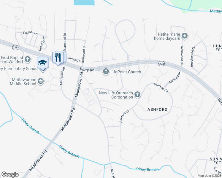 map of restaurants, bars, coffee shops, grocery stores, and more near 10392 Kentsdale Drive in Waldorf