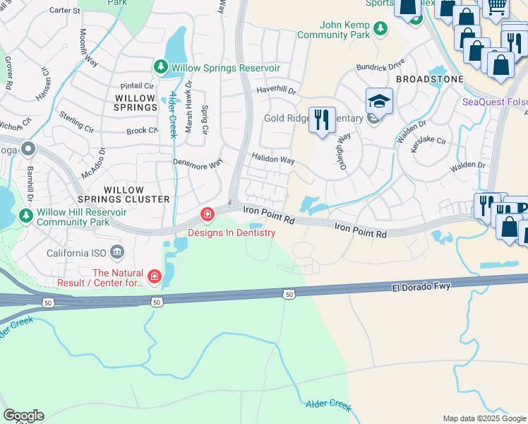 map of restaurants, bars, coffee shops, grocery stores, and more near Iron Point Road in Folsom