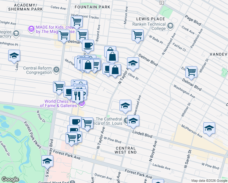 map of restaurants, bars, coffee shops, grocery stores, and more near 377 North Taylor Avenue in St. Louis