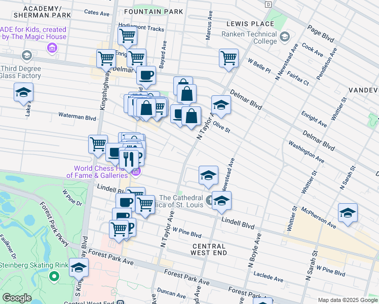 map of restaurants, bars, coffee shops, grocery stores, and more near 377 North Taylor Avenue in St. Louis