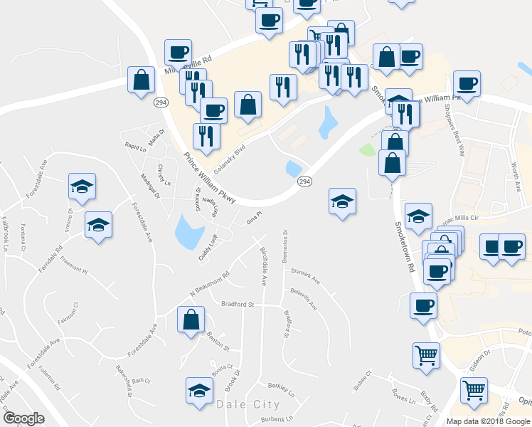 map of restaurants, bars, coffee shops, grocery stores, and more near 3235 Gina Place in Woodbridge