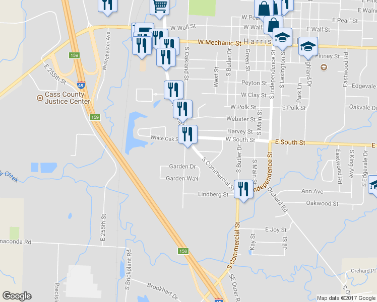 map of restaurants, bars, coffee shops, grocery stores, and more near 1306 South Commercial Street in Harrisonville