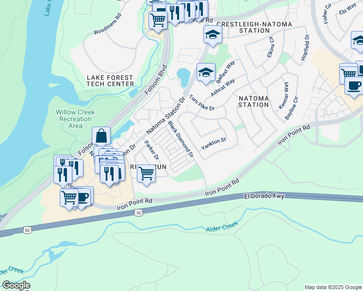 map of restaurants, bars, coffee shops, grocery stores, and more near 500 Pemberton Lane in Folsom