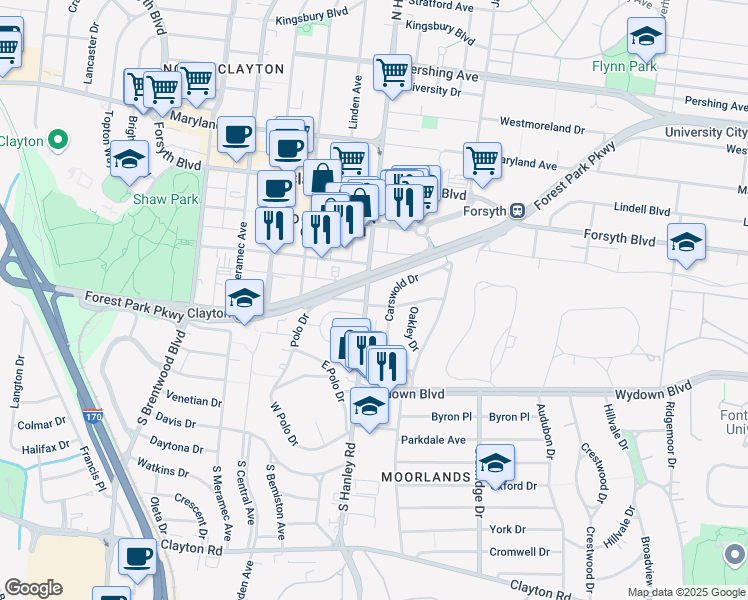map of restaurants, bars, coffee shops, grocery stores, and more near 326 South Hanley Road in Clayton