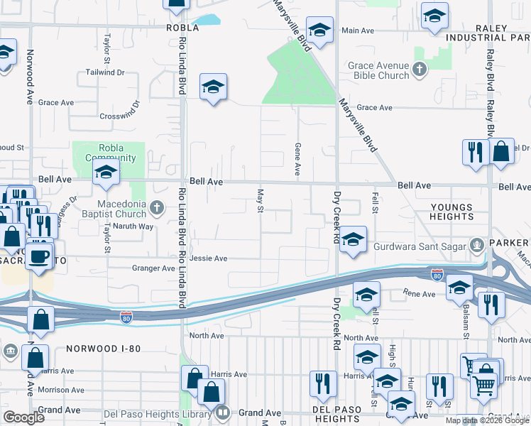 map of restaurants, bars, coffee shops, grocery stores, and more near 4266 May Street in Sacramento