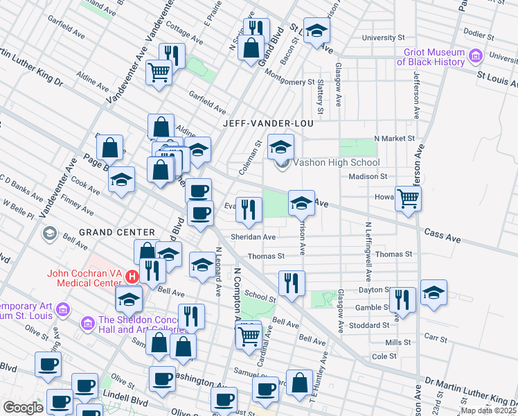 map of restaurants, bars, coffee shops, grocery stores, and more near 3102 Evans Avenue in St. Louis