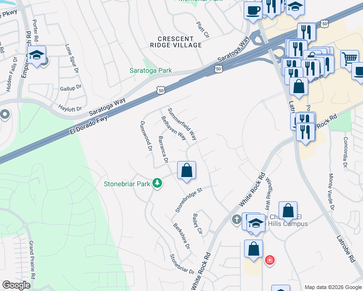 map of restaurants, bars, coffee shops, grocery stores, and more near 705 San Marino Court in El Dorado Hills
