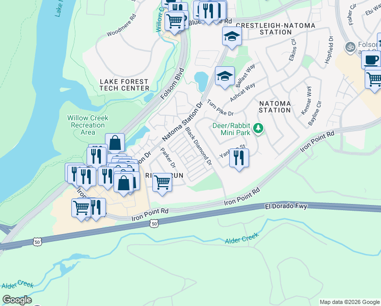 map of restaurants, bars, coffee shops, grocery stores, and more near 500 Pemberton Lane in Folsom