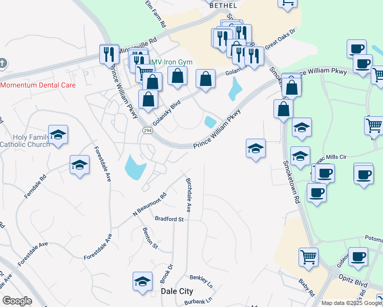 map of restaurants, bars, coffee shops, grocery stores, and more near 3233 Gina Place in Woodbridge