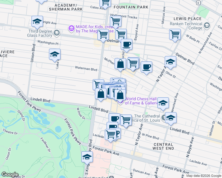 map of restaurants, bars, coffee shops, grocery stores, and more near 4930 Pershing Place in St. Louis