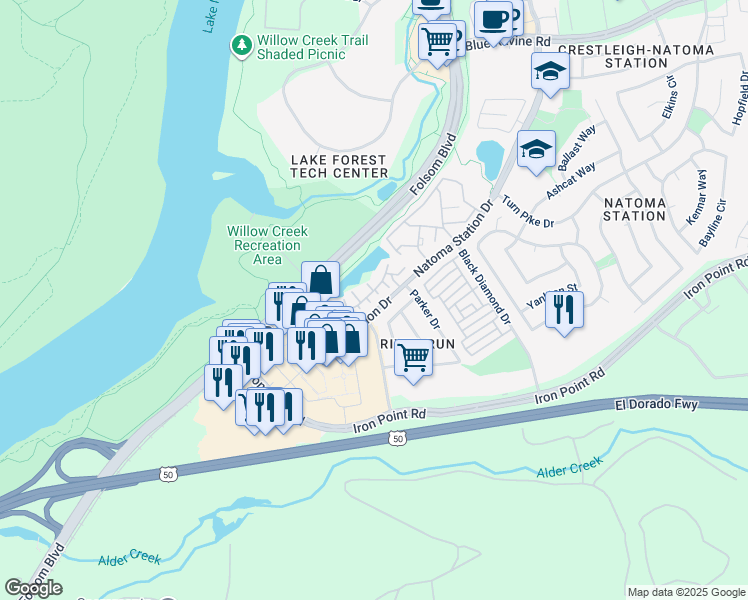 map of restaurants, bars, coffee shops, grocery stores, and more near 204 White Oak Court in Folsom
